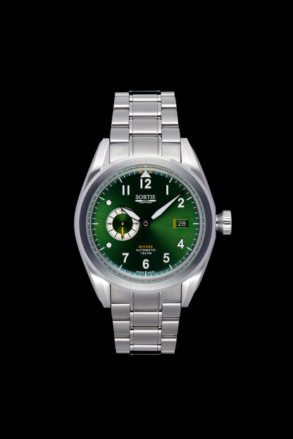 Silver stainless steel watch with a green dial, white numerals and yellow colour accents. Includes a seconds hand dial and date display. Watch is shown face-on.
