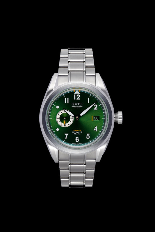 Silver stainless steel watch with a green dial, white numerals and yellow colour accents. Includes a seconds hand dial and date display. Watch is shown face-on.