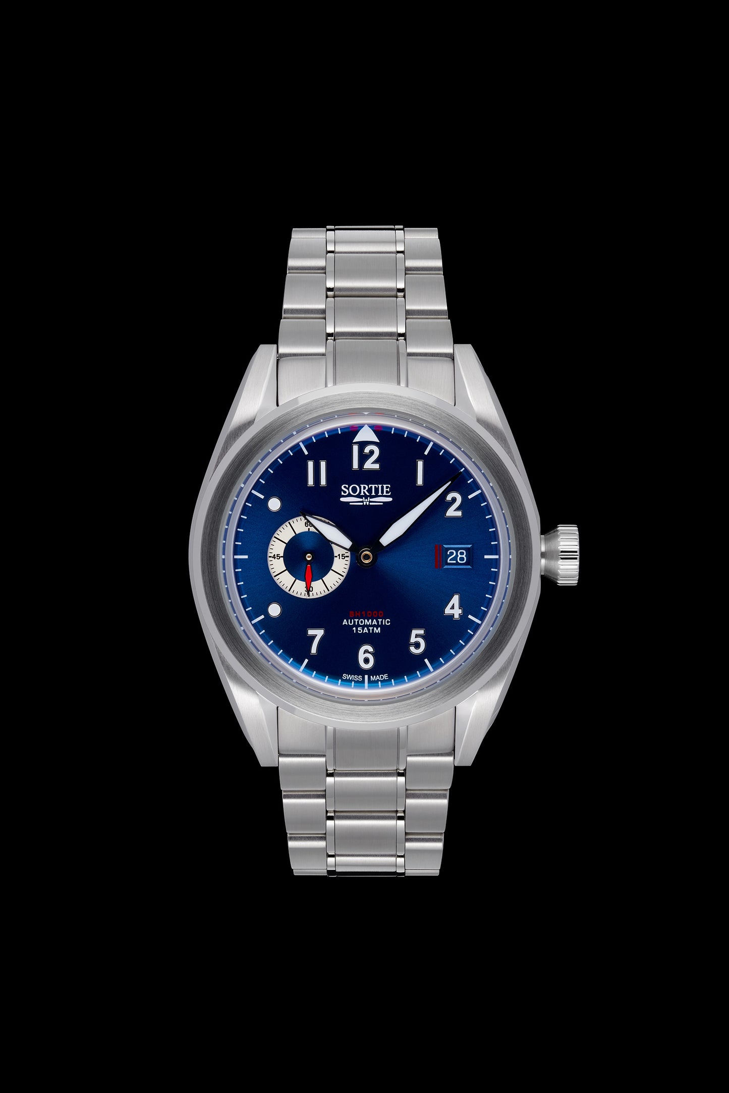 Silver stainless steel watch with a blue dial, white numerals and red colour accents. Includes a seconds hand dial and date display. Watch is shown face-on.
