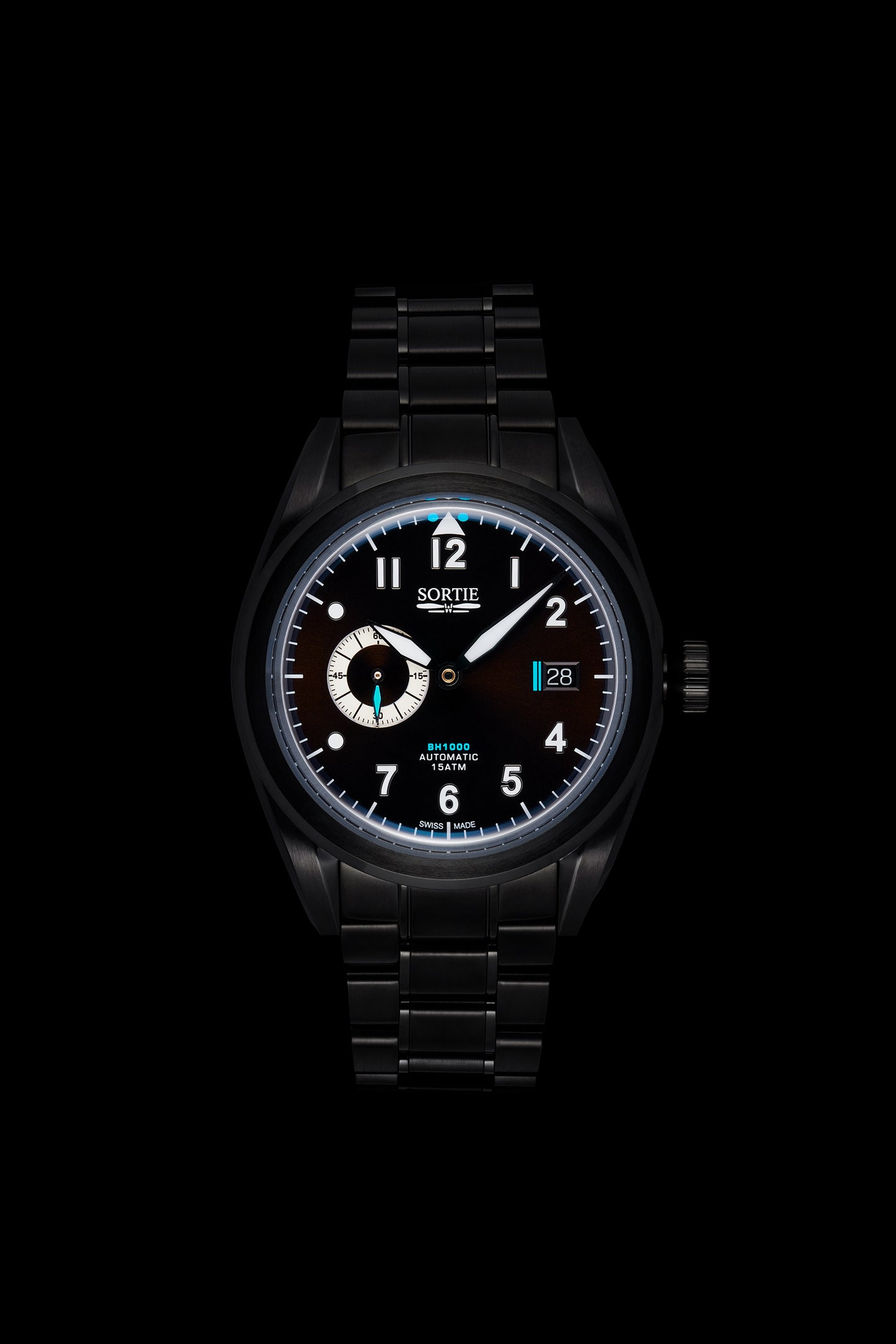 Black watch with a black dial, white numerals and blue colour accents. Includes a seconds hand dial and date display. Watch is shown face-on.