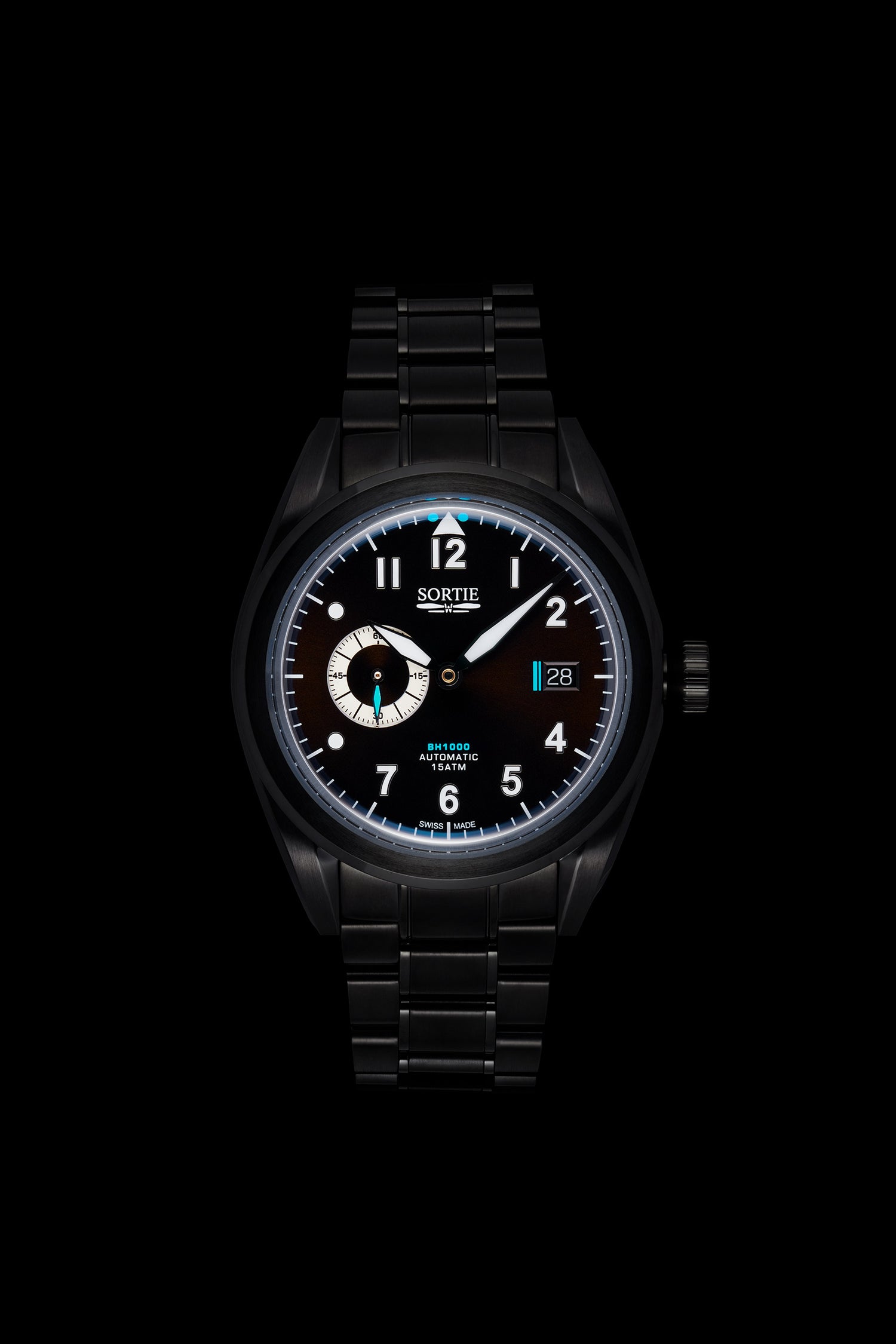 Black watch with a black dial, white numerals and blue colour accents. Includes a seconds hand dial and date display. Watch is shown face-on.