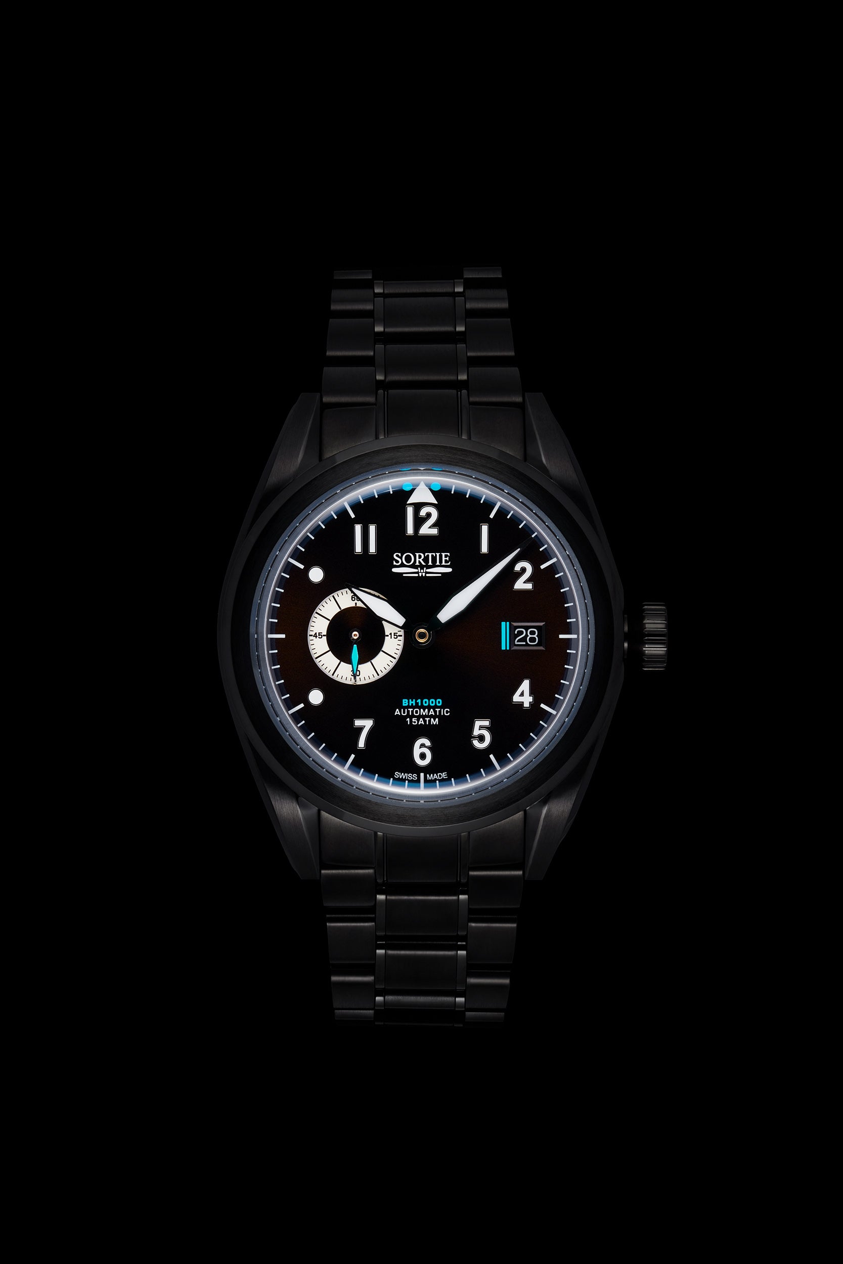Black watch with a black dial, white numerals and blue colour accents. Includes a seconds hand dial and date display. Watch is shown face-on.