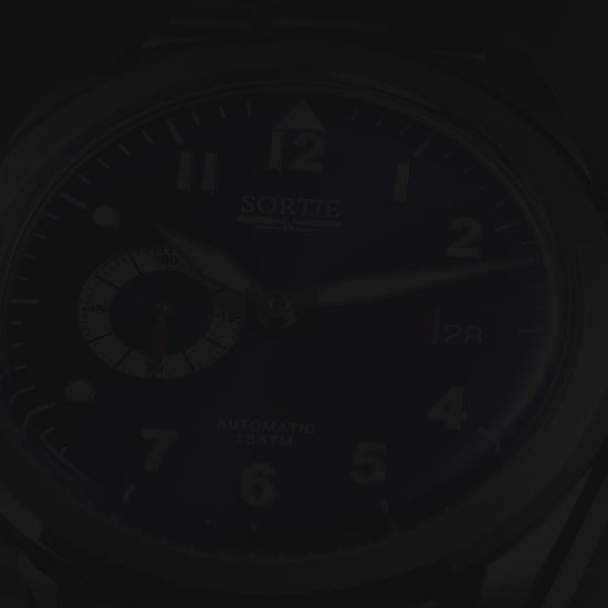 A video showing a silver stainless steel watch with a blue dial, white numerals and red colour accents. Includes a seconds hand dial and date display. The video shows close ups of the watch at different angles.