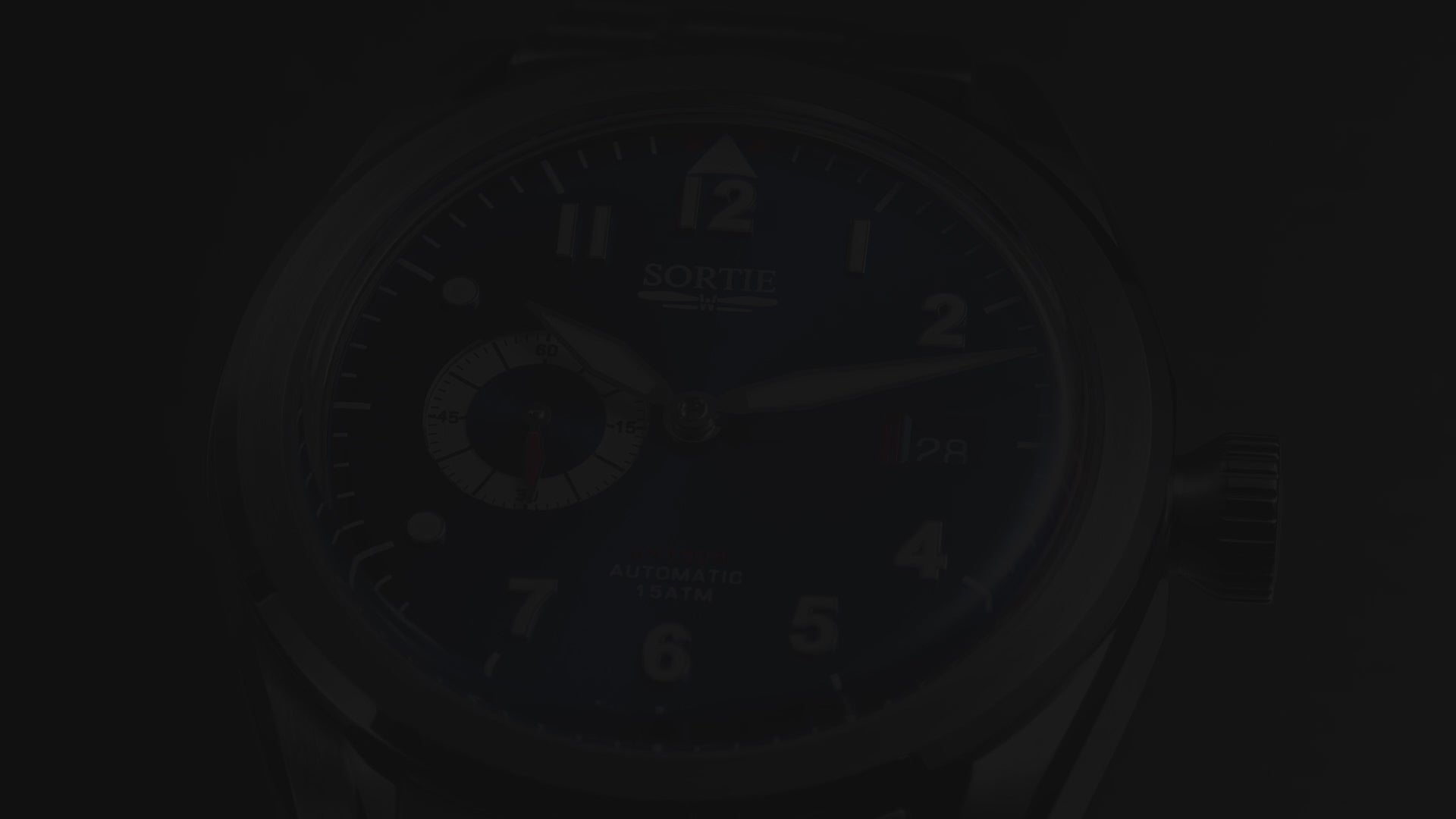 A video showing a silver stainless steel watch with a blue dial, white numerals and red colour accents. Includes a seconds hand dial and date display. The video shows close ups of the watch at different angles.