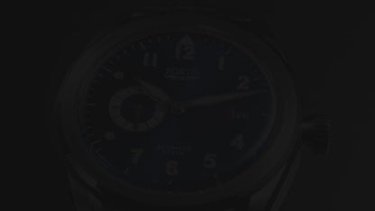 A video showing a silver stainless steel watch with a blue dial, white numerals and red colour accents. Includes a seconds hand dial and date display. The video shows close ups of the watch at different angles.